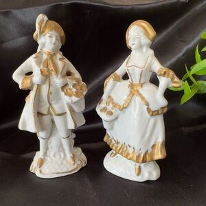 Collectible Occupied Japan Gold & White Porcelain French Provincial Figurines